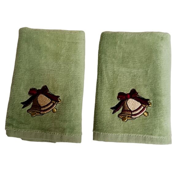 Set of 2 Holiday Washcloths Sage Green Christmas Bells Rustic Lodge Cabin 12" - Picture 9 of 9